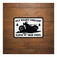 Oxford Garage Metal Sign: "Oily Biker's Workshop"